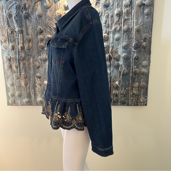 Marbella Lg Dark Blue Denim Jacket with Gold Embroidery and Sequin NWOT - Picture 8 of 14
